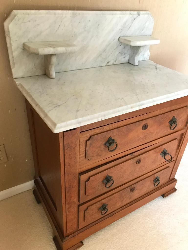 Antique Walnut Victorian 3-Drawer Washstand W/White Marble Top & Back Splash