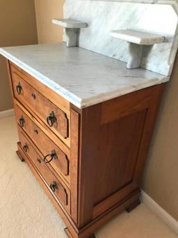 Antique Walnut Victorian 3-Drawer Washstand W/White Marble Top & Back Splash