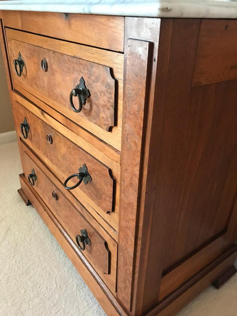 Antique Walnut Victorian 3-Drawer Washstand W/White Marble Top & Back Splash