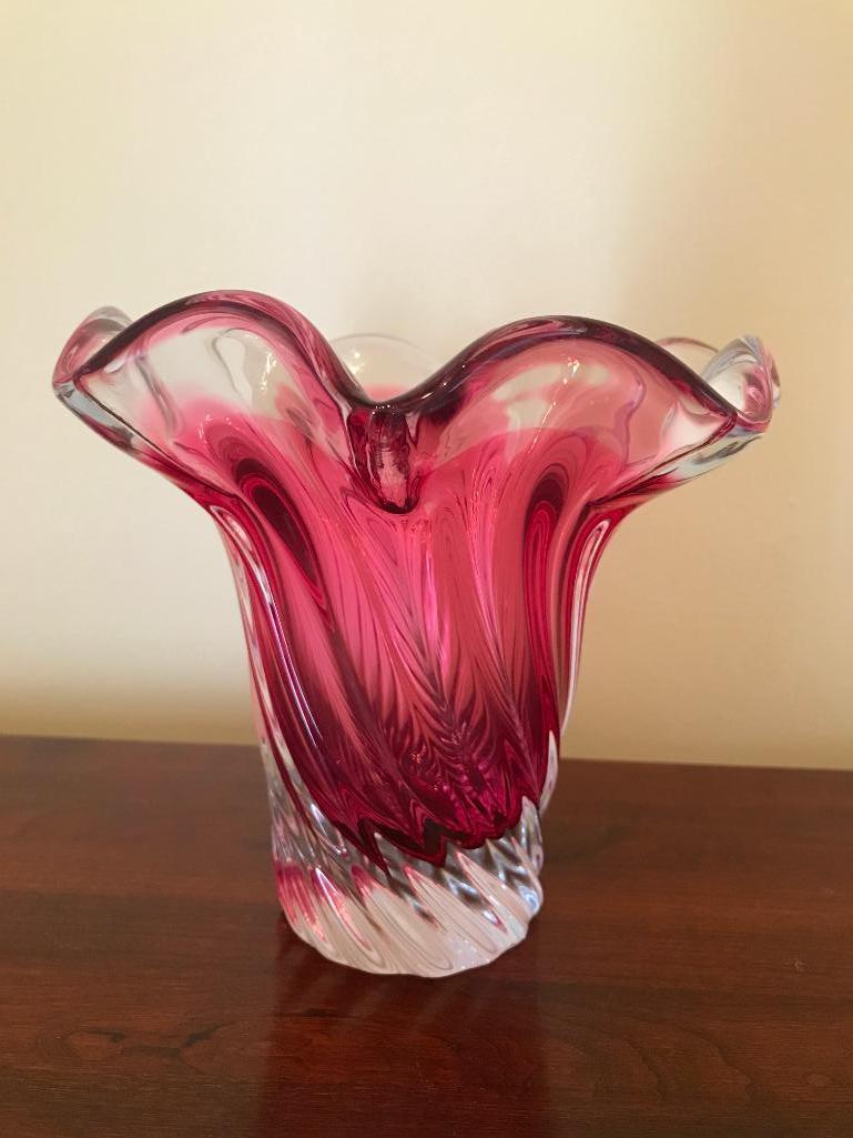 Cranberry & Clear Swirl Glass Vase W/Ground Bottom