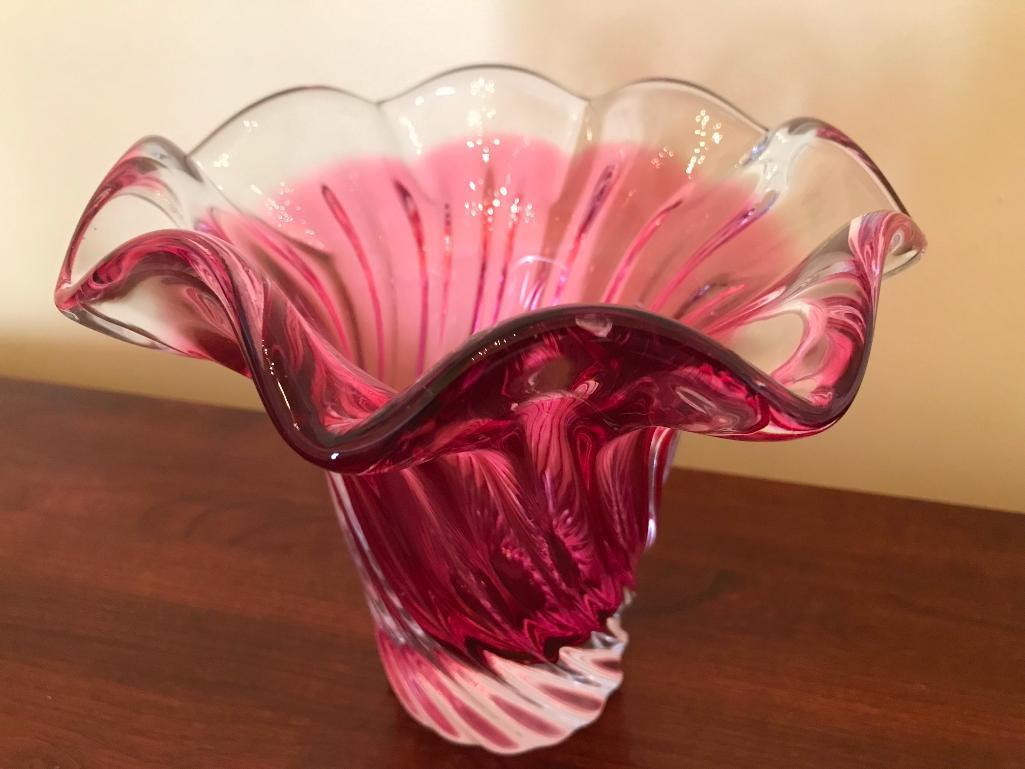 Cranberry & Clear Swirl Glass Vase W/Ground Bottom