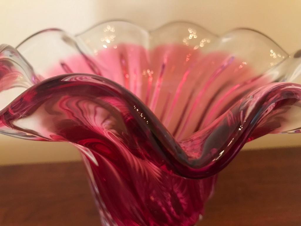 Cranberry & Clear Swirl Glass Vase W/Ground Bottom