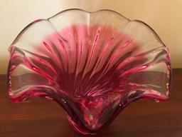 Cranberry & Clear Swirl Glass Vase W/Ground Bottom