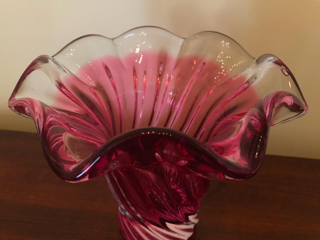 Cranberry & Clear Swirl Glass Vase W/Ground Bottom