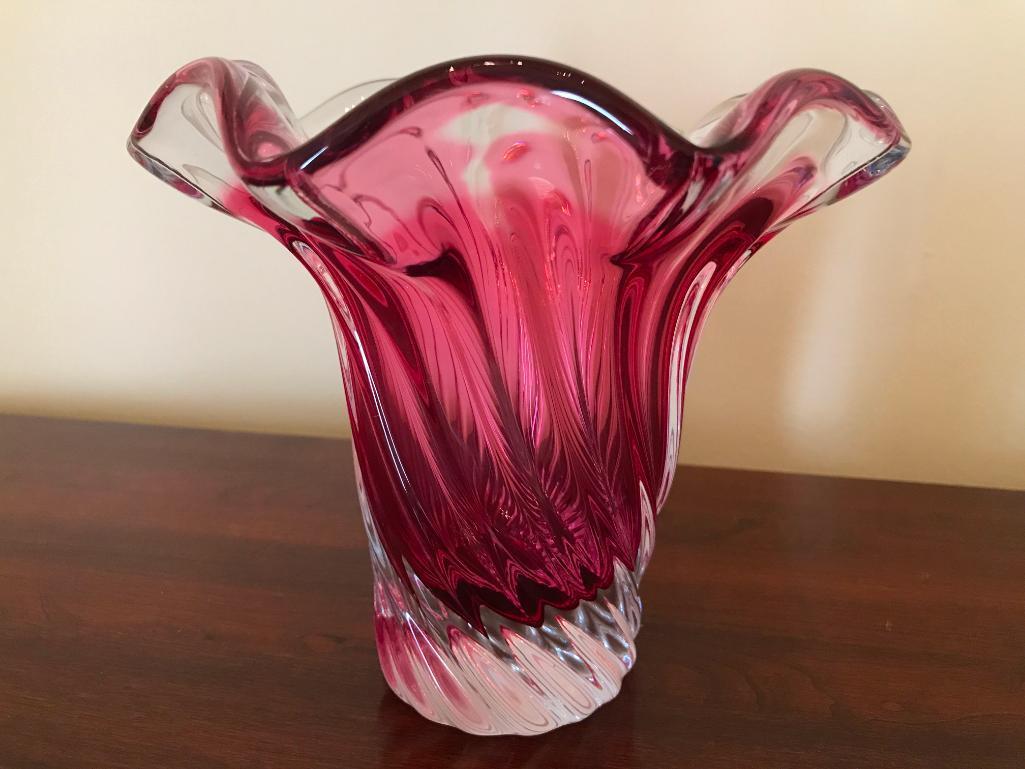 Cranberry & Clear Swirl Glass Vase W/Ground Bottom