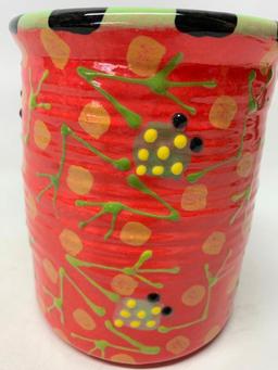 Contemporary Pottery Vase W/Hand Painted Frogs