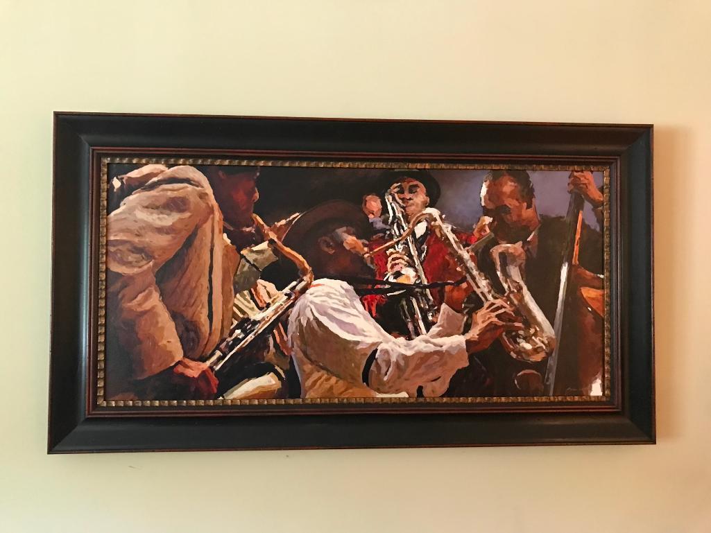 Large Contemporary Framed Oil On Canvas Of Jazz Band