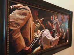 Large Contemporary Framed Oil On Canvas Of Jazz Band