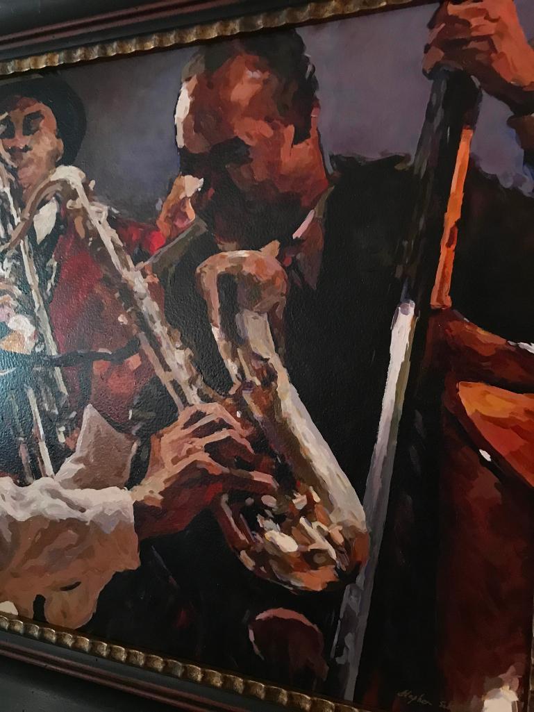 Large Contemporary Framed Oil On Canvas Of Jazz Band