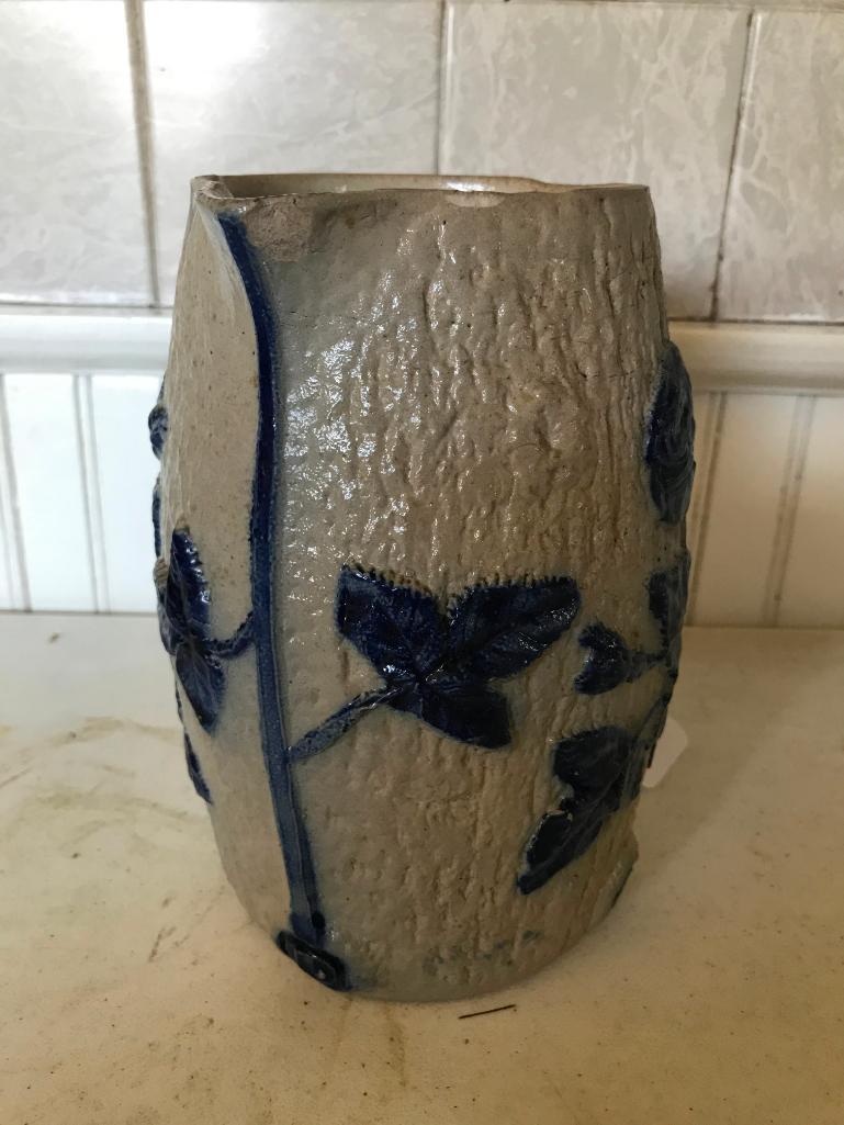 Blue & White Stoneware Pitcher W/Raised Florals