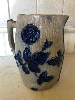 Blue & White Stoneware Pitcher W/Raised Florals