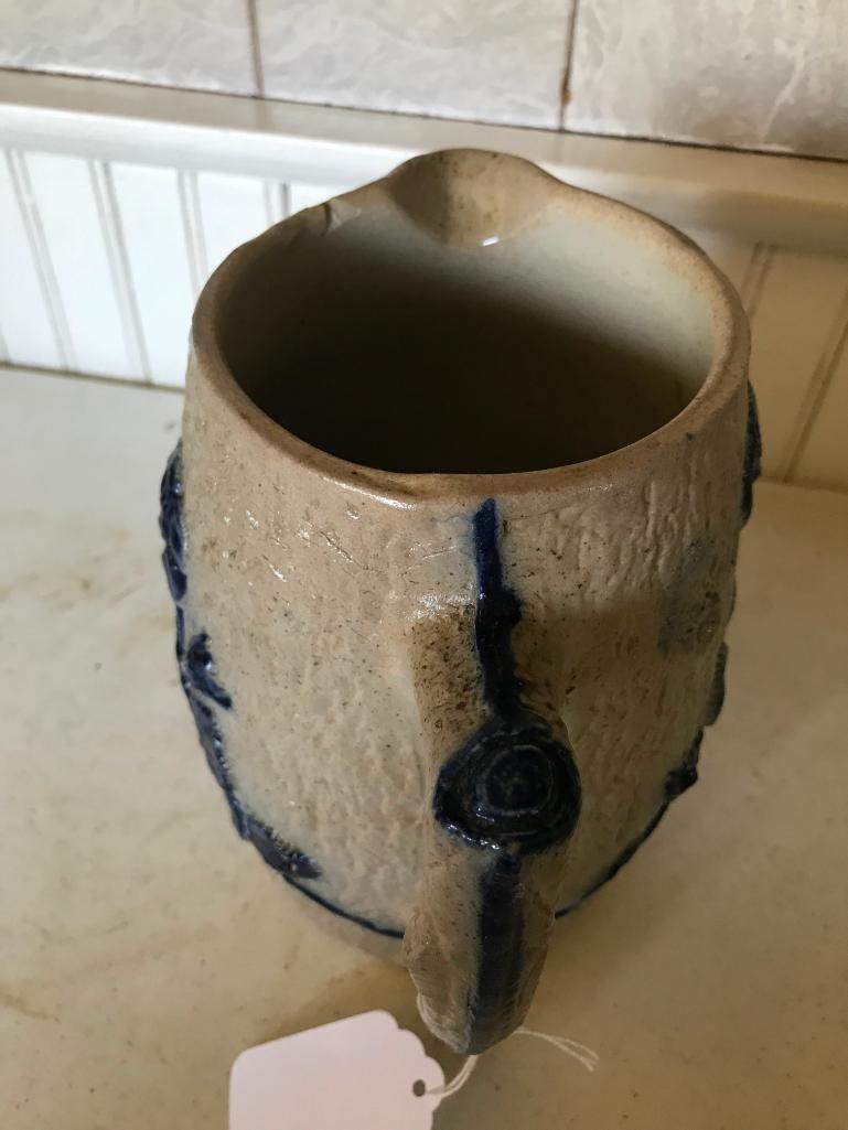 Blue & White Stoneware Pitcher W/Raised Florals