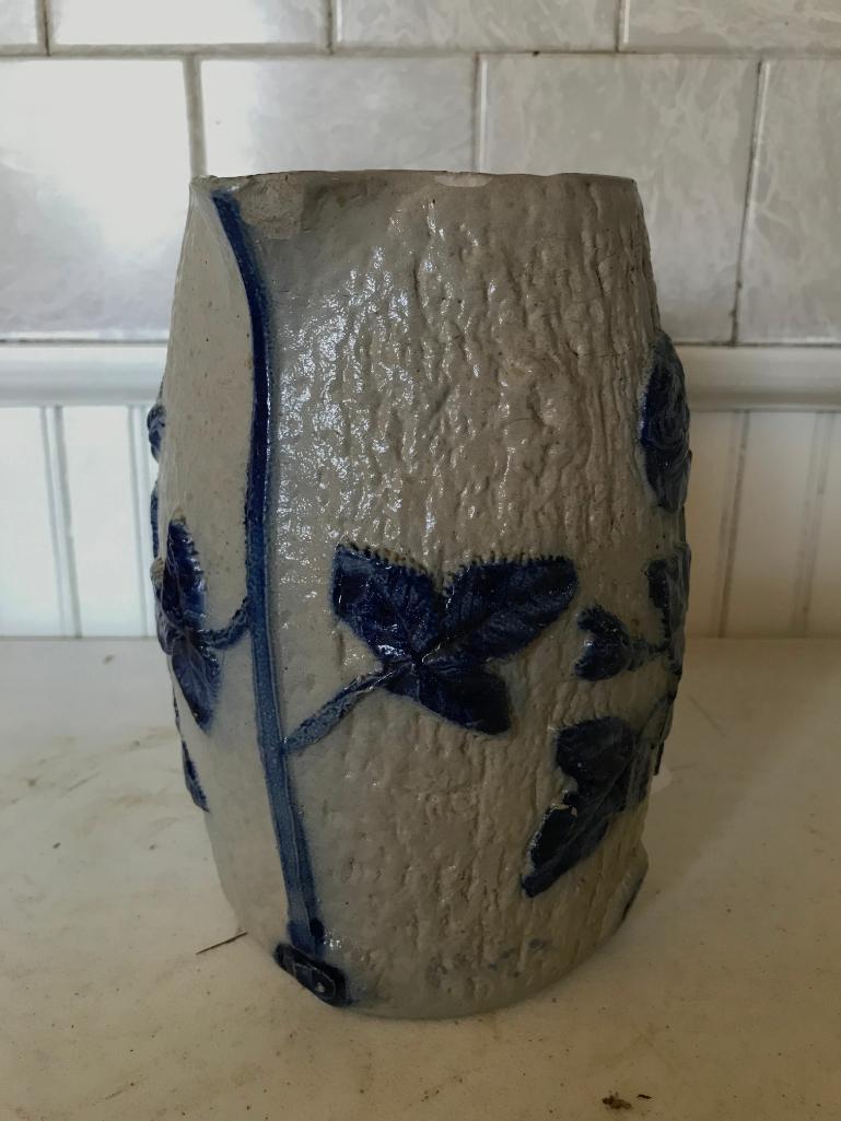 Blue & White Stoneware Pitcher W/Raised Florals