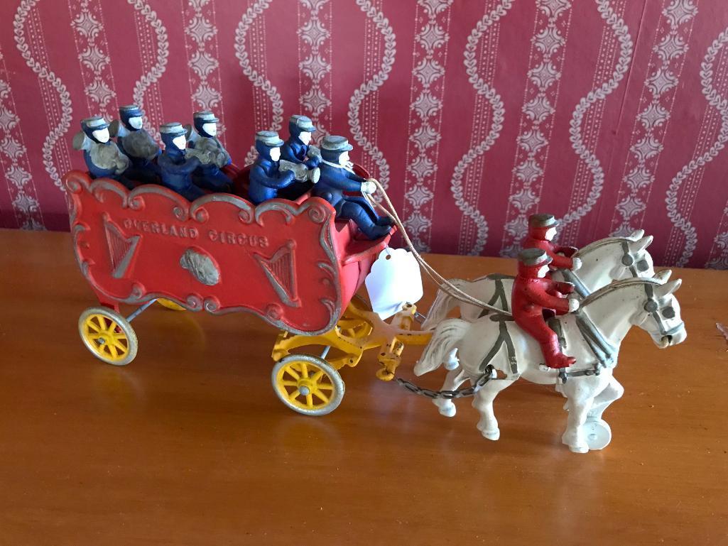 Cast Iron 'Overland Circus" Wagon W/Band & Horses