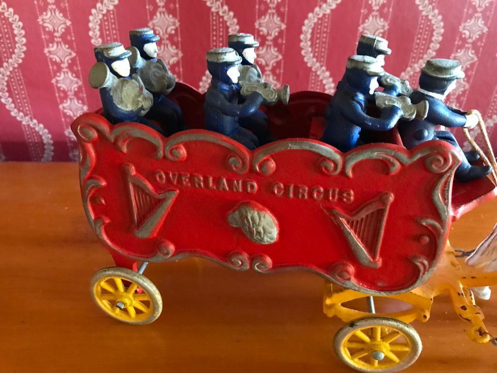 Cast Iron 'Overland Circus" Wagon W/Band & Horses