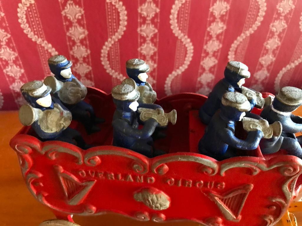 Cast Iron 'Overland Circus" Wagon W/Band & Horses