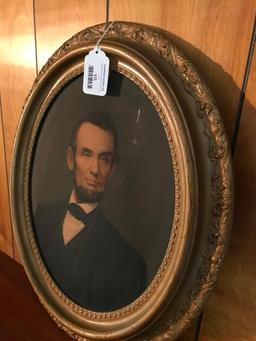 Antique Abraham Lincoln Print In Oval Frame *Damage To Print*