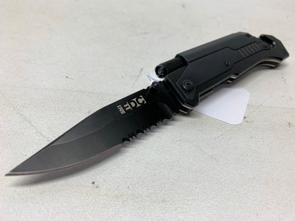 TRS 5N1 EDC Tactical Folding Knife, LED Flashlight W/Magnet, Ferro Rod, & Glass Breaker