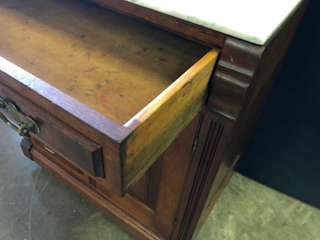 Antique Victorian Walnut Wash Stand W/Marble Top, Candle Holders, & Back Splash