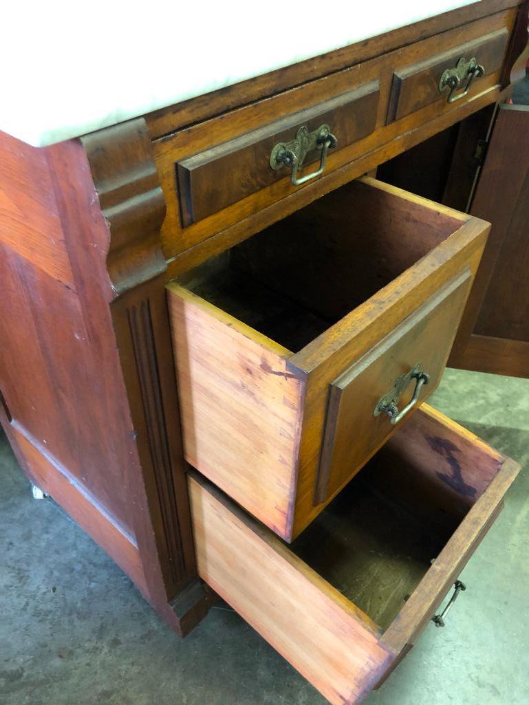 Antique Victorian Walnut Wash Stand W/Marble Top, Candle Holders, & Back Splash