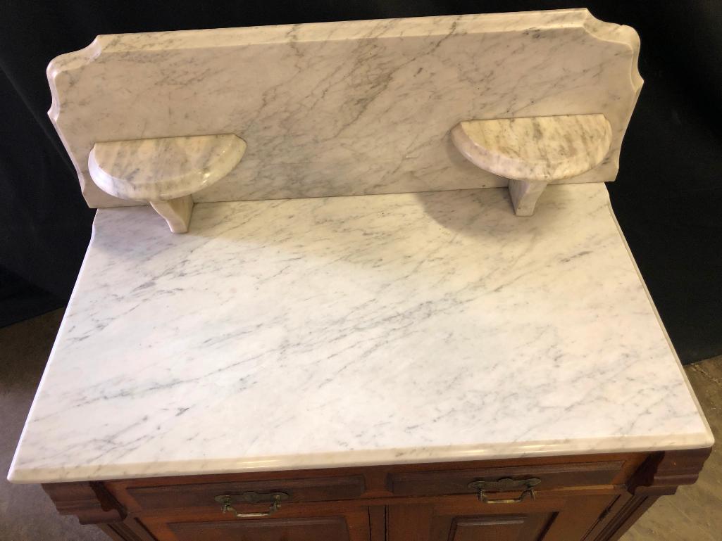 Antique Victorian Walnut Wash Stand W/Marble Top, Candle Holders, & Back Splash