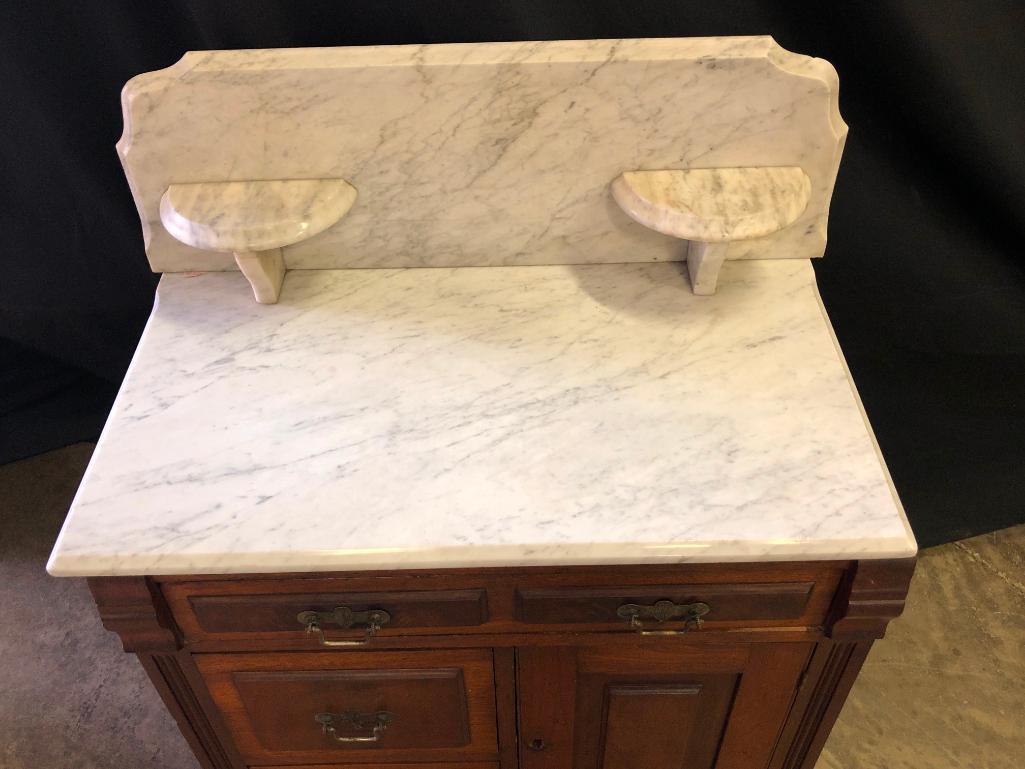 Antique Victorian Walnut Wash Stand W/Marble Top, Candle Holders, & Back Splash