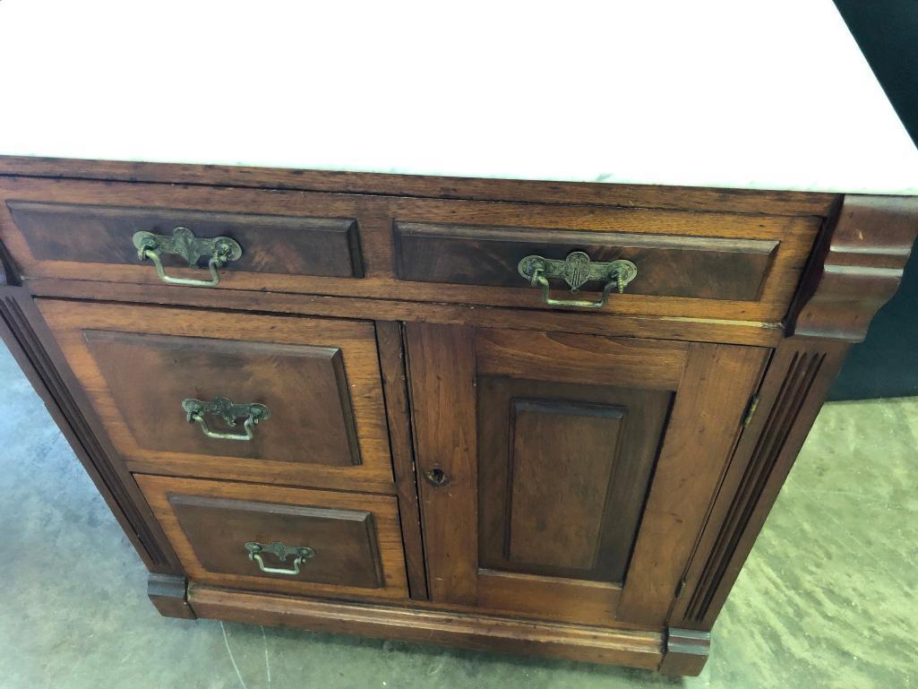 Antique Victorian Walnut Wash Stand W/Marble Top, Candle Holders, & Back Splash