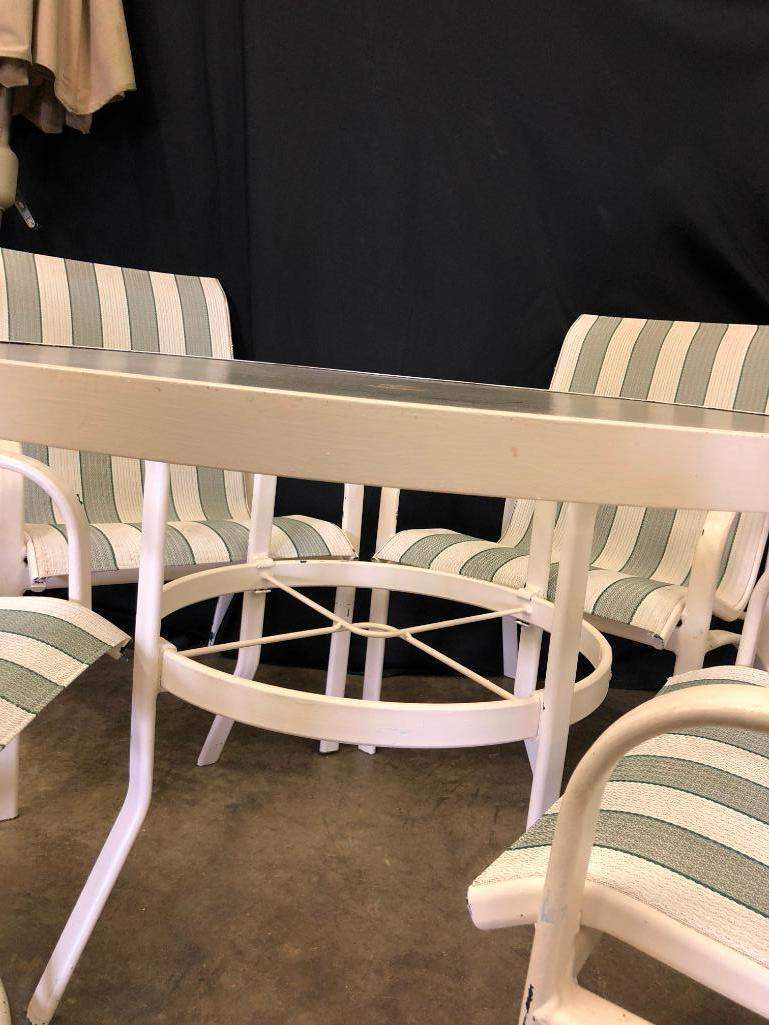 Painted White, Aluminum, Outdoor Table, Chairs and Umbrella