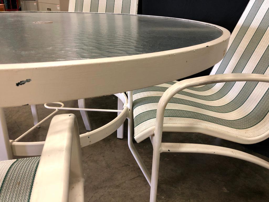 Painted White, Aluminum, Outdoor Table, Chairs and Umbrella