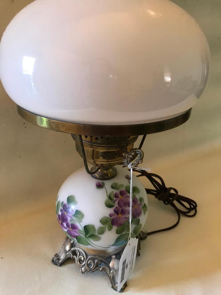 Vintage Hand Painted Milk Glass Electric Lamp