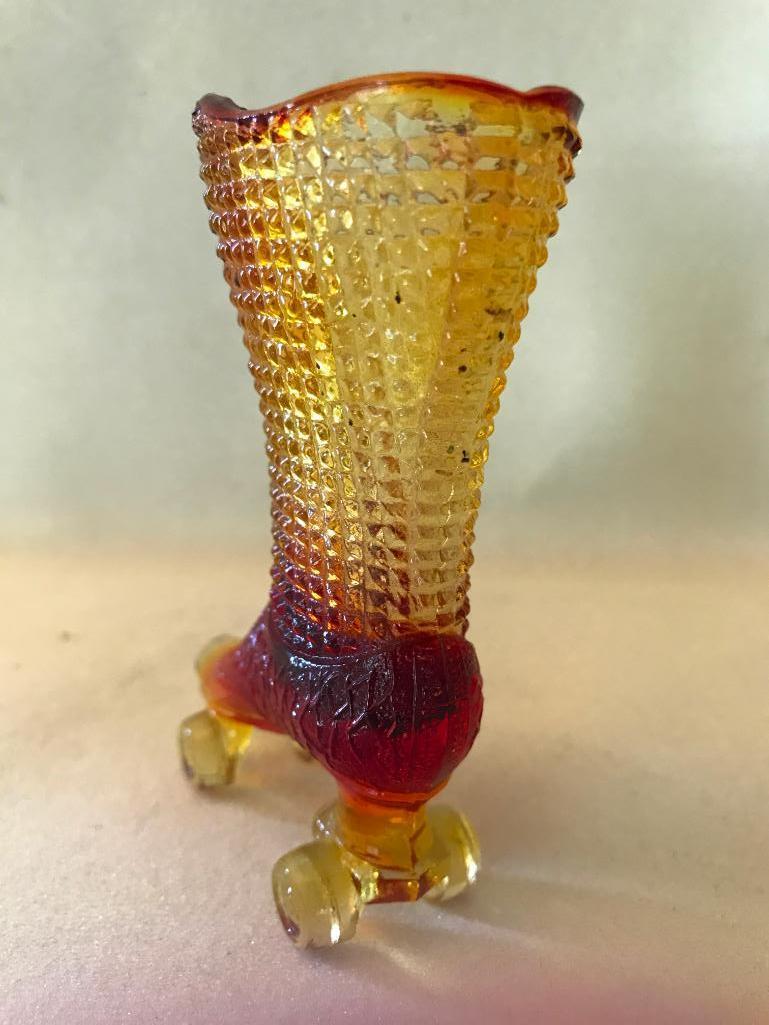 Figural Amberina Match Holder Shaped Like Roller Skates