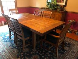 Oak Trestle Type Dining Room Table W/(6) Chairs & (1) Leaf
