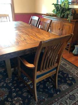 Oak Trestle Type Dining Room Table W/(6) Chairs & (1) Leaf