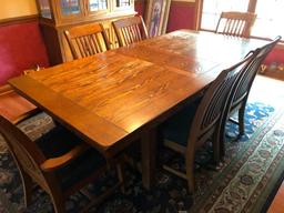 Oak Trestle Type Dining Room Table W/(6) Chairs & (1) Leaf