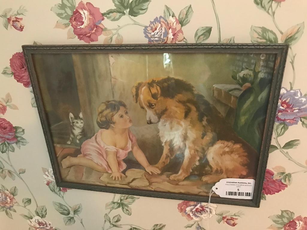 Vintage Framed Children's Print Of Girl W/Her Dog & Cat