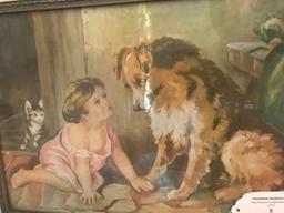 Vintage Framed Children's Print Of Girl W/Her Dog & Cat