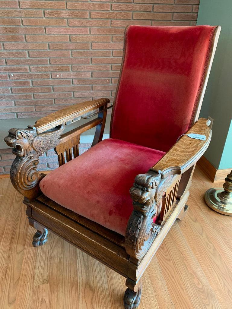 Antique Oak Morris Chair W/Winged Griffins & Claw Feet