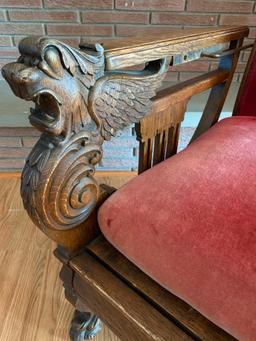 Antique Oak Morris Chair W/Winged Griffins & Claw Feet