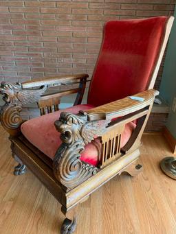 Antique Oak Morris Chair W/Winged Griffins & Claw Feet