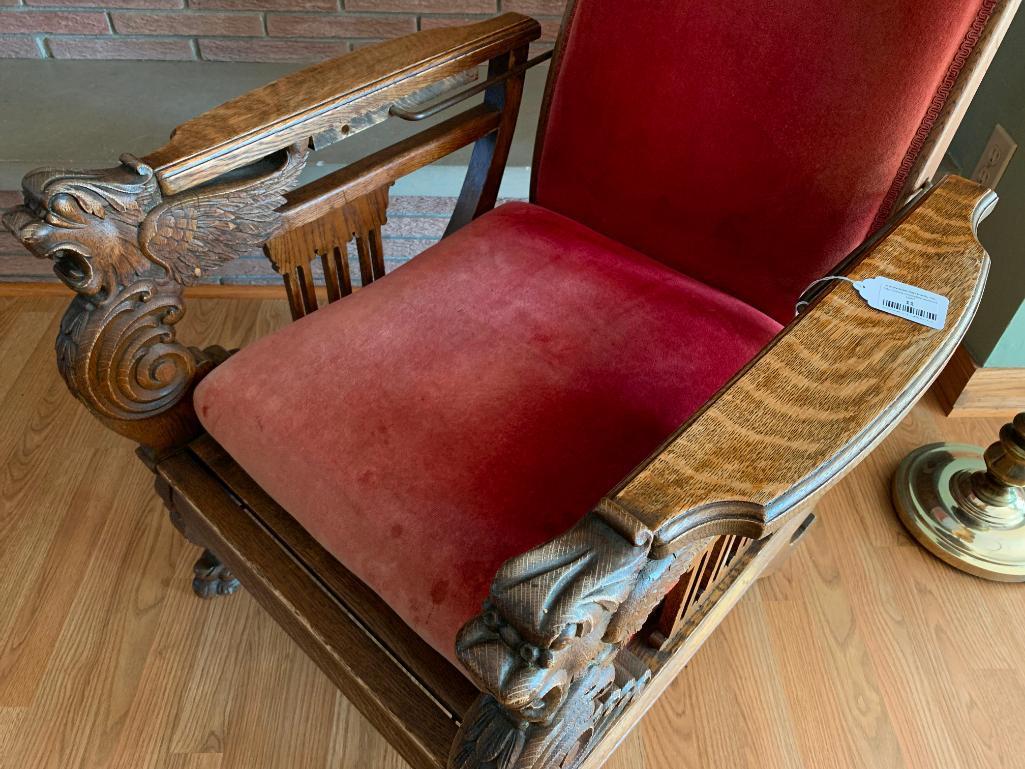 Antique Oak Morris Chair W/Winged Griffins & Claw Feet