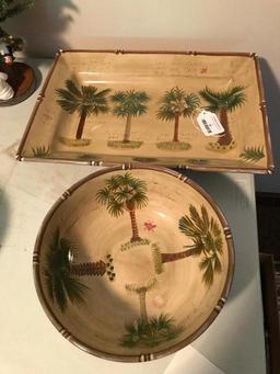 Bora Bora Serving Platter & Bowl W/Palm Tree Design