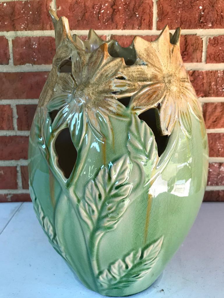 Green and Tan Open Lattice Vase, 14 Inches Tall
