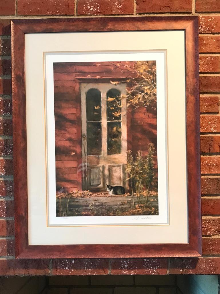 Framed, Signed Decorative Print of Cat by Door