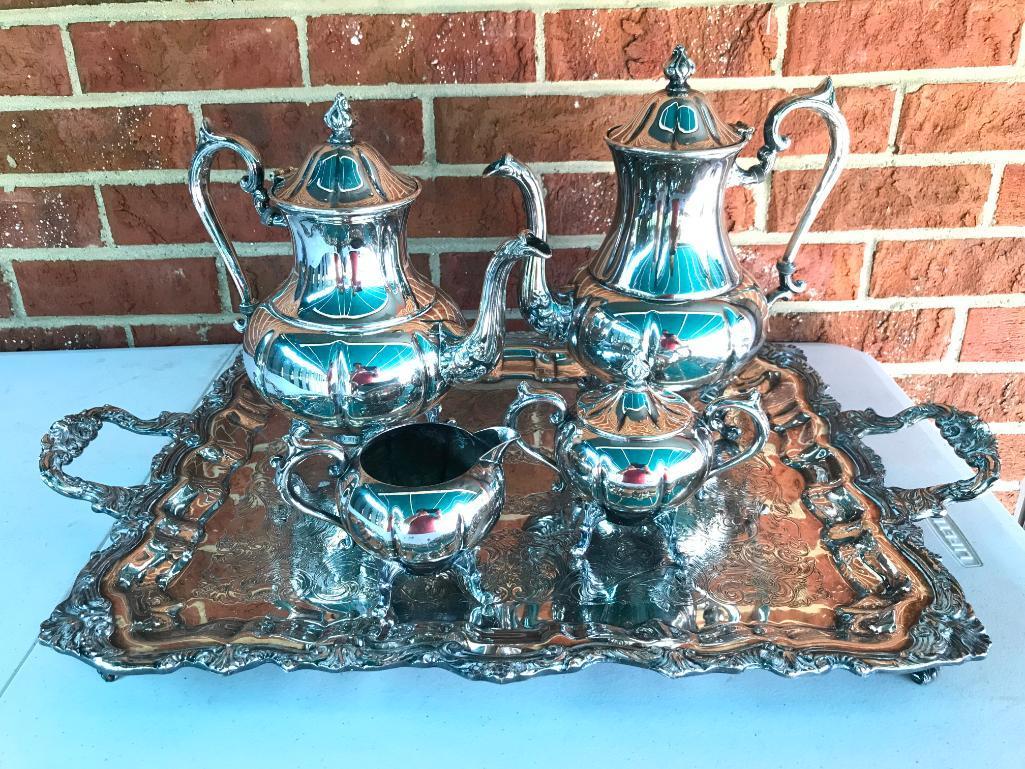 Silver Over Copper Tea Set On Tray