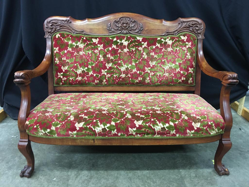 Antique Parlor Settee W/Carved Fish Heads & Claw Feet