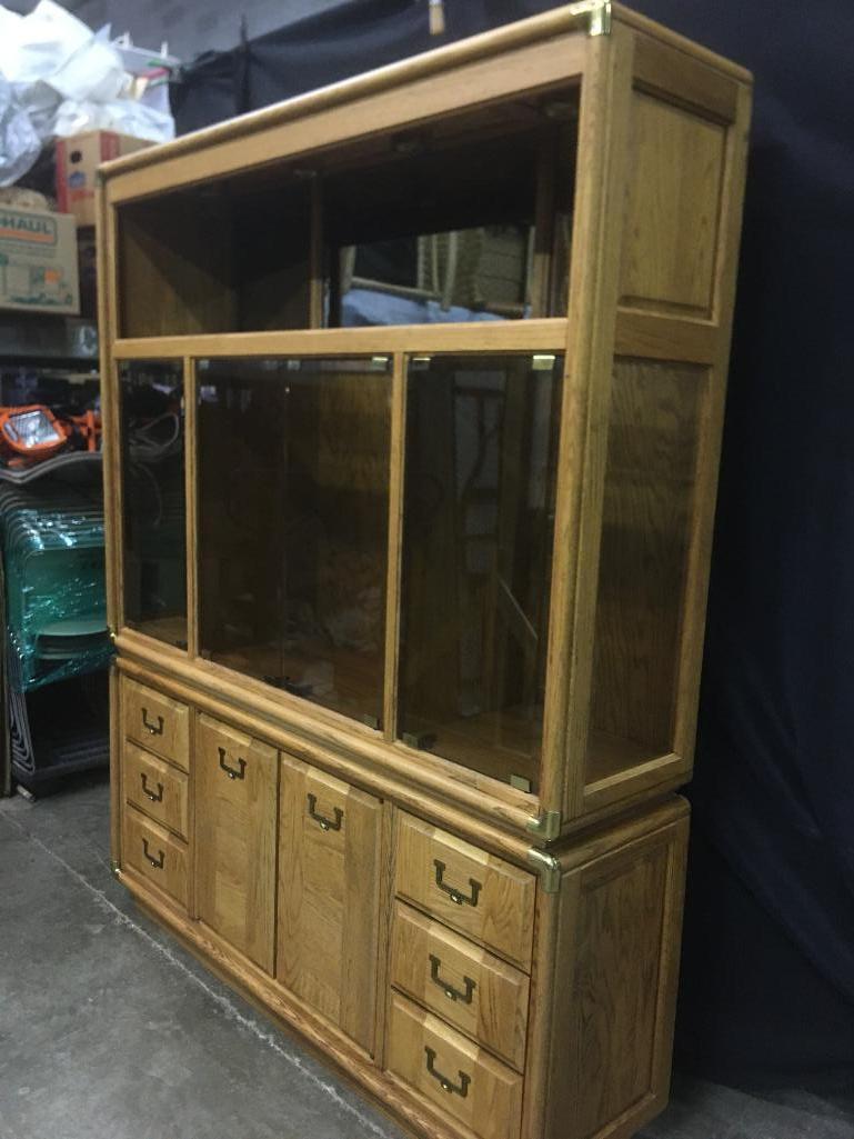 Large, Oak Finish Wall Unit with Lights and Shelving