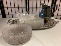 Silverplated Pitcher, Serving Tray, & Glassware