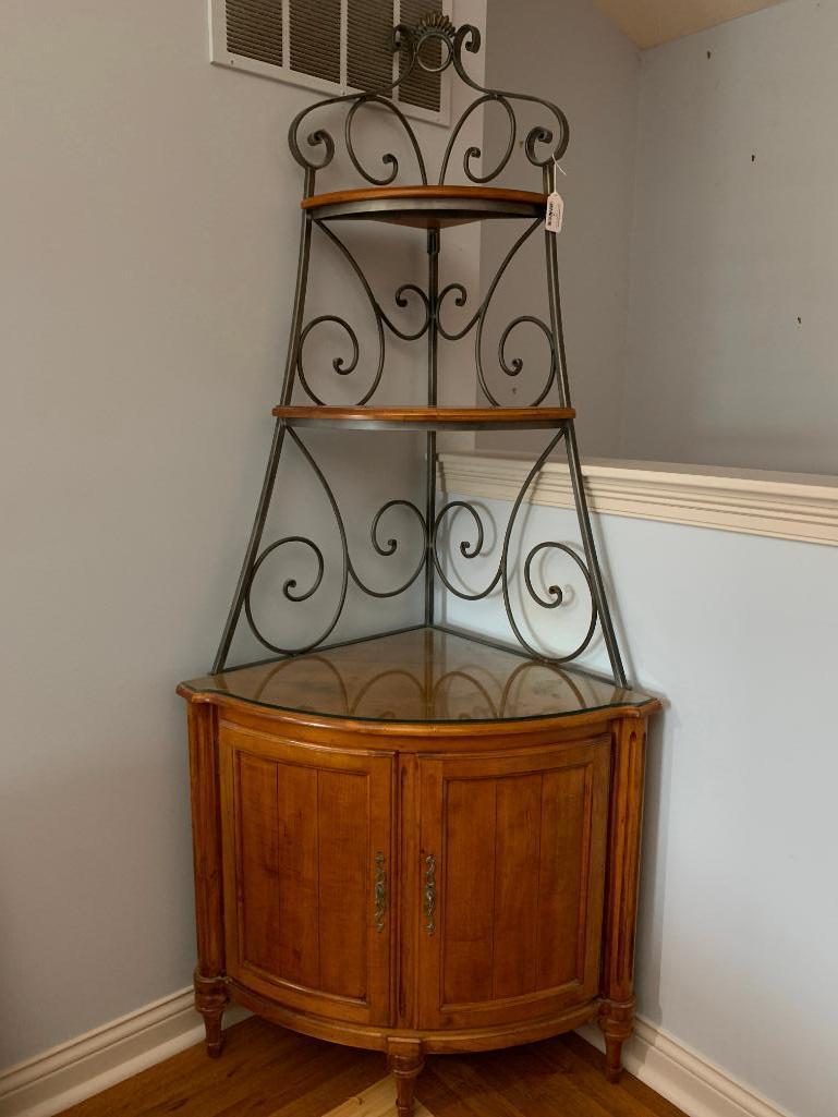 Wood & Wrought Iron Corner Rack W/Curved Wooden Doors