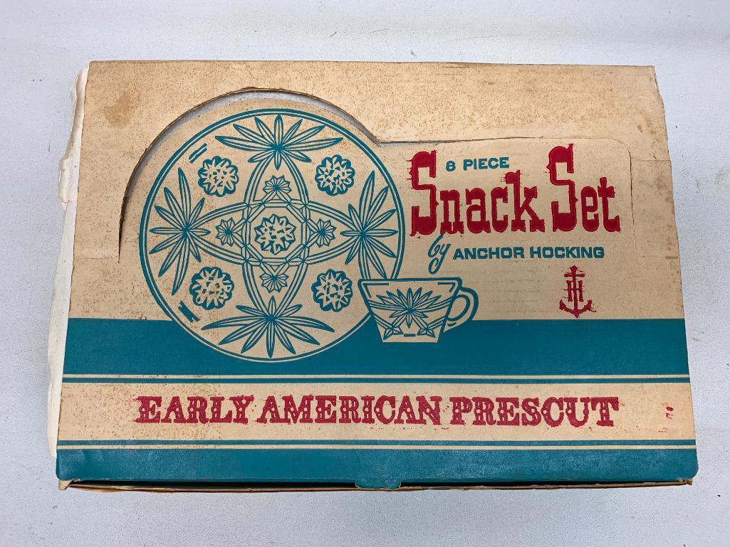 Vintage Prescut Glass Snack Set In Original Box