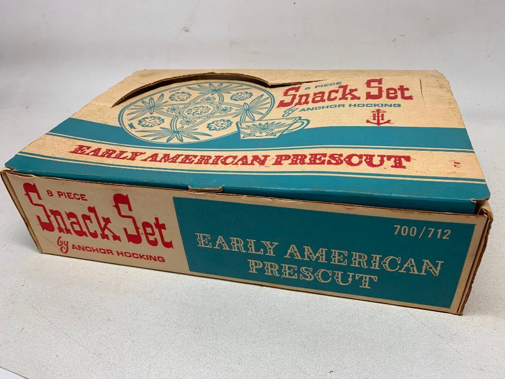 Vintage Prescut Glass Snack Set In Original Box